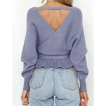 ZESICA Women's Fall Wrap V Neck Long Batwing Sleeve Belted Waist Ruffle Knitted Sweater Pullover Top,Blue,Small