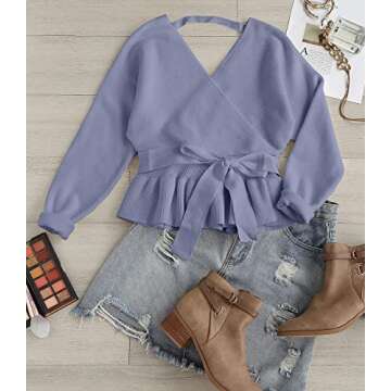 ZESICA Women's Fall Wrap V Neck Long Batwing Sleeve Belted Waist Ruffle Knitted Sweater Pullover Top,Blue,Small