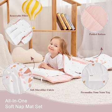 Extra Large Toddler Nap mat by Cokouchyi, Toddler Sleeping Bag with Removable Pillow, Measures 53 x 21 x 1.5 Inches, Sleeping Mat for Girls, Ideal for Daycare and Preschool Kindergarten, Rainbow