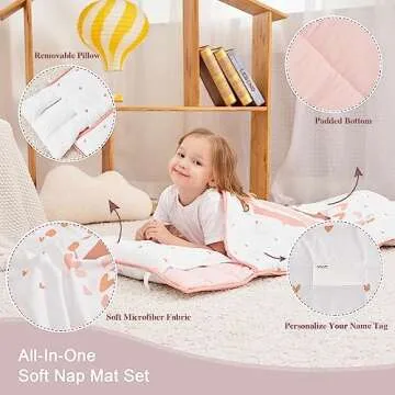 Extra Large Toddler Nap mat by Cokouchyi, Toddler Sleeping Bag with Removable Pillow, Measures 53 x 21 x 1.5 Inches, Sleeping Mat for Girls, Ideal for Daycare and Preschool Kindergarten, Rainbow