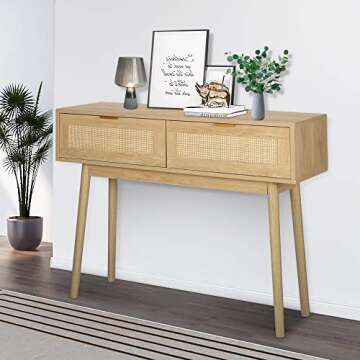LAZZO 39" Console Table, Oak Grain Sofa Table with Wood Frame, Rustic Hallway Table with 2 Bamboo We...