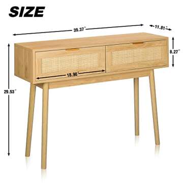 LAZZO 39" Console Table, Oak Grain Sofa Table with Wood Frame, Rustic Hallway Table with 2 Bamboo Weaving Storage Drawers for Foyer Living Room Entryway
