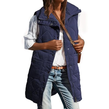 Dokotoo Long Navy Blue Puffer Vest Women Warm Padded Gilet Casual Zip-Up Pocketed Sleeveless Outerwe...