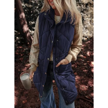 Dokotoo Long Navy Blue Puffer Vest Women Warm Padded Gilet Casual Zip-Up Pocketed Sleeveless Outerwear Jacket Winter Coats for Women Quilted Vest 2024 Fashion Medium