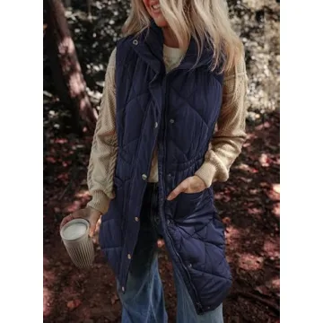 Dokotoo Long Navy Blue Puffer Vest Women Warm Padded Gilet Casual Zip-Up Pocketed Sleeveless Outerwear Jacket Winter Coats for Women Quilted Vest 2024 Fashion Medium