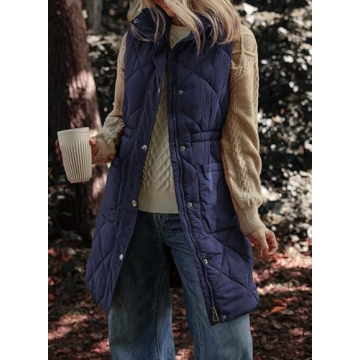 Dokotoo Long Navy Blue Puffer Vest Women Warm Padded Gilet Casual Zip-Up Pocketed Sleeveless Outerwear Jacket Winter Coats for Women Quilted Vest 2024 Fashion Medium
