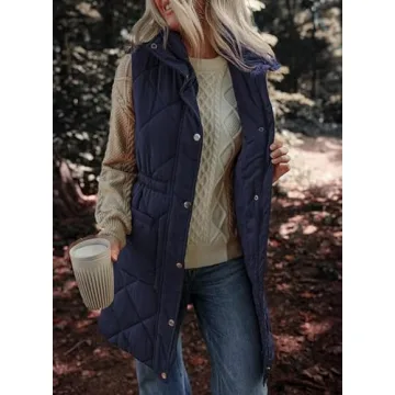Dokotoo Long Navy Blue Puffer Vest Women Warm Padded Gilet Casual Zip-Up Pocketed Sleeveless Outerwear Jacket Winter Coats for Women Quilted Vest 2024 Fashion Medium