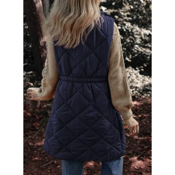 Dokotoo Long Navy Blue Puffer Vest Women Warm Padded Gilet Casual Zip-Up Pocketed Sleeveless Outerwear Jacket Winter Coats for Women Quilted Vest 2024 Fashion Medium