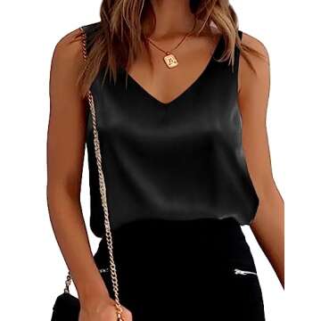 Ekouaer Womens Satin Tops V Neck Casual Sleeveless Silk Cami Camisole Blouses Summer Tank Shirt Black