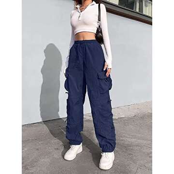 QYANGG Baggy Parachute Pants for Women& Girls Drawstring Elastic Low Waist Ruched Cargo Pants Multiple Pockets Jogger Y2K Navy