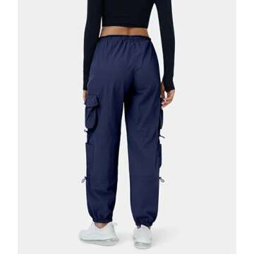 QYANGG Baggy Parachute Pants for Women& Girls Drawstring Elastic Low Waist Ruched Cargo Pants Multiple Pockets Jogger Y2K Navy