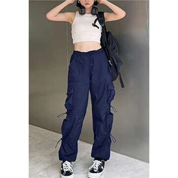 QYANGG Baggy Parachute Pants for Women& Girls Drawstring Elastic Low Waist Ruched Cargo Pants Multiple Pockets Jogger Y2K Navy
