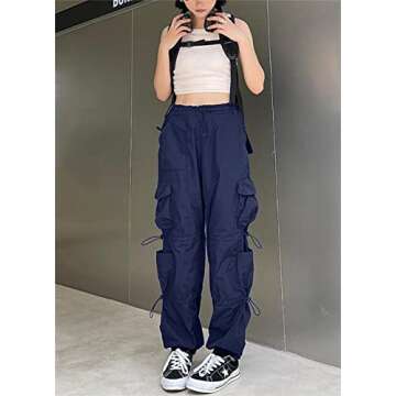 QYANGG Baggy Parachute Pants for Women& Girls Drawstring Elastic Low Waist Ruched Cargo Pants Multiple Pockets Jogger Y2K Navy