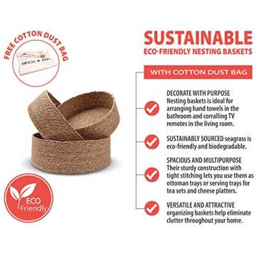 Woven Round Seagrass Basket Set - 3 Decorative Storage Baskets for Organizing and Storage – Sustainable, Eco-Friendly Nesting Baskets with Cotton Dust Bag for Coastal and Beach Decor