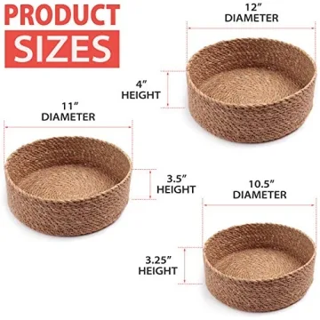 Woven Round Seagrass Basket Set - 3 Decorative Storage Baskets for Organizing and Storage – Sustainable, Eco-Friendly Nesting Baskets with Cotton Dust Bag for Coastal and Beach Decor