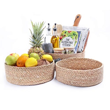 Woven Round Seagrass Basket Set - 3 Decorative Storage Baskets for Organizing and Storage – Sustainable, Eco-Friendly Nesting Baskets with Cotton Dust Bag for Coastal and Beach Decor