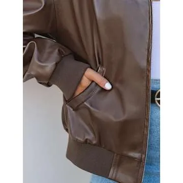 MEROKEETY Women's Oversized Faux Leather Jacket Fall Winter Zip Up Motorcycle Coats Fashion Outfits Clothes 2024, Coffee, L