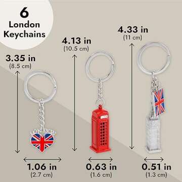 Juvale 6 Pack London Keychain Souvenir Gifts, Key Rings with British UK Flag, Phone Booth, Big Ben, Double-Decker Bus, England