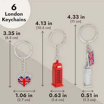 Juvale 6 Pack London Keychain Souvenir Gifts, Key Rings with British UK Flag, Phone Booth, Big Ben, Double-Decker Bus, England