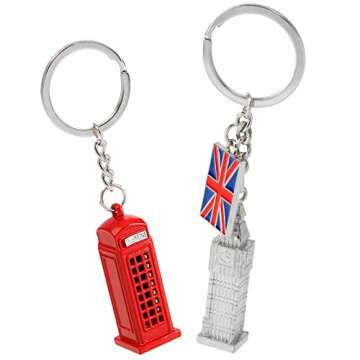Juvale 6 Pack London Keychain Souvenir Gifts, Key Rings with British UK Flag, Phone Booth, Big Ben, Double-Decker Bus, England