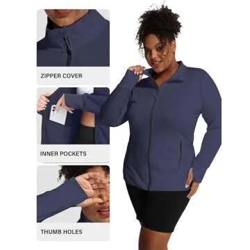 COOTRY Women's Plus Size Athletic Jackets Zip Up Lightweight Workout Running Track Jackets with Thumb Holes Navy 3XL