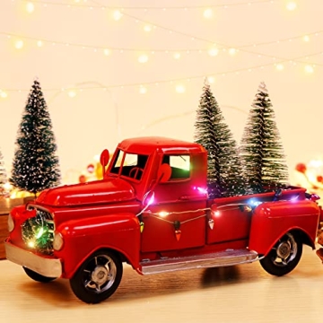 AerWo Vintage Red Metal Truck Decor with LED Lights