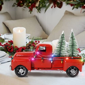 AerWo Vintage Red Metal Truck Decor with LED Lights