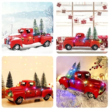 AerWo Vintage Red Metal Truck Decor with LED Lights