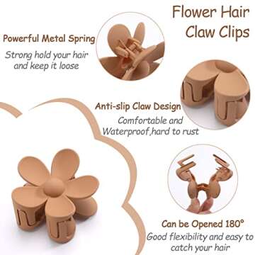 6PCS Matte Hair Claw Clips for Women - Large Daisy Claw Clips with Strong Hold, Non-Slip Design for Thick/Thin Hair, Cute Warm-Colored Hair Accessories