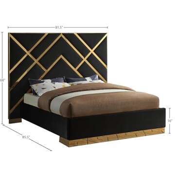 Luxury Black Velvet Queen Bed with Gold Accents