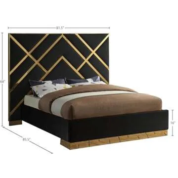 Luxury Black Velvet Queen Bed with Gold Accents