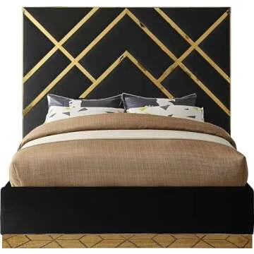 Luxury Black Velvet Queen Bed with Gold Accents