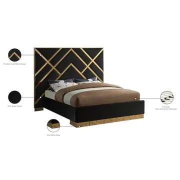 Luxury Black Velvet Queen Bed with Gold Accents
