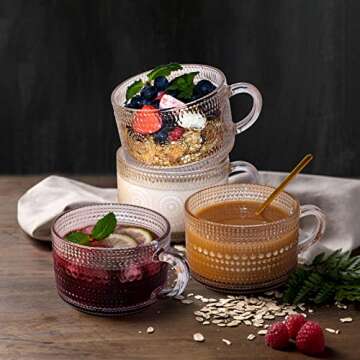 Anbanglin 4Set Vintage Coffee Mugs, Glass Cups with Spoons, 14OZ Elegant Embossed Tea Cups, Glass Co...