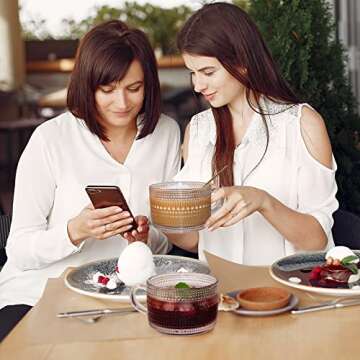 Anbanglin 4Set Vintage Coffee Mugs, Glass Cups with Spoons, 14OZ Elegant Embossed Tea Cups, Glass Coffee Cups for Ice Coffee, Cereal, Yogurt, Ideal Gift