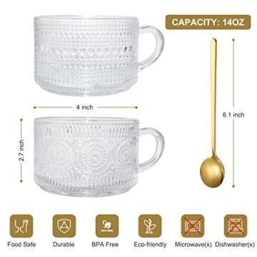 Anbanglin 4Set Vintage Coffee Mugs, Glass Cups with Spoons, 14OZ Elegant Embossed Tea Cups, Glass Coffee Cups for Ice Coffee, Cereal, Yogurt, Ideal Gift