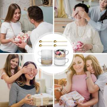 Anbanglin 4Set Vintage Coffee Mugs, Glass Cups with Spoons, 14OZ Elegant Embossed Tea Cups, Glass Coffee Cups for Ice Coffee, Cereal, Yogurt, Ideal Gift