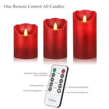 Vinkor Flameless Candles Flickering Candles Decorative Battery Flameless Candle Classic Real Wax Pillar with Dancing LED Flame & 10-Key Remote Control 2/4/6/8 Hours Timers (Burgundy)