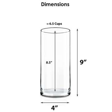 CYS Excel Clear Glass Cylinder Vase (H:9" D:4") | Multiple Size Choices Glass Flower Vase Centerpieces | Hurricane Floating Candle Holder Vase