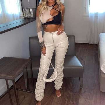 Sumleno High Waist Stacked Pants for Women Faux Leather Ruffle Ruched Leggings Y2k Black Pleated Sexy Aesthetic Streetwear