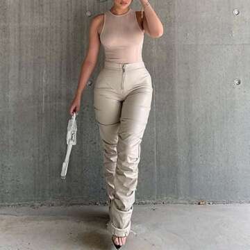 Sumleno High Waist Stacked Pants for Women Faux Leather Ruffle Ruched Leggings Y2k Black Pleated Sexy Aesthetic Streetwear