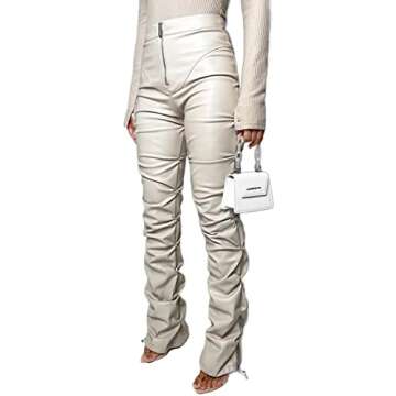 Sumleno High Waist Stacked Pants for Women Faux Leather Ruffle Ruched Leggings Y2k Black Pleated Sexy Aesthetic Streetwear