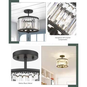 METWET Semi Flush Mount Ceiling Light Fixture, 11" Crystal Light Fixture, 3-Light Modern Lamps with Matte Black Finish for Bathroom, Dinning Room, Hallway, Bedroom, SM821-MB
