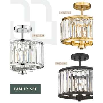 METWET Semi Flush Mount Ceiling Light Fixture, 11" Crystal Light Fixture, 3-Light Modern Lamps with Matte Black Finish for Bathroom, Dinning Room, Hallway, Bedroom, SM821-MB