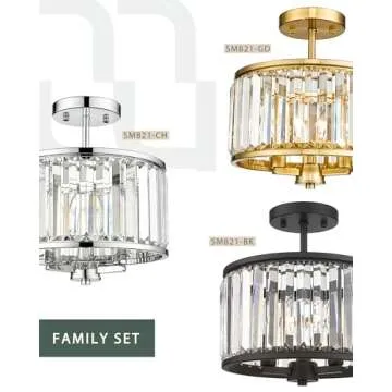 METWET Semi Flush Mount Ceiling Light Fixture, 11" Crystal Light Fixture, 3-Light Modern Lamps with Matte Black Finish for Bathroom, Dinning Room, Hallway, Bedroom, SM821-MB