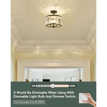 METWET Semi Flush Mount Ceiling Light Fixture, 11" Crystal Light Fixture, 3-Light Modern Lamps with Matte Black Finish for Bathroom, Dinning Room, Hallway, Bedroom, SM821-MB