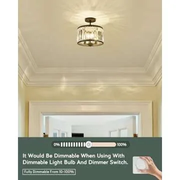 METWET Semi Flush Mount Ceiling Light Fixture, 11" Crystal Light Fixture, 3-Light Modern Lamps with Matte Black Finish for Bathroom, Dinning Room, Hallway, Bedroom, SM821-MB