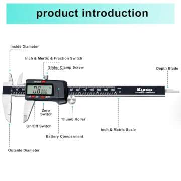 Kynup Caliper Measuring Tool, Digital Micrometer Caliper Tool, Vernier Caliper with Stainless Steel, Large LCD Screen, Auto - Off Feature, Inch Metric Fraction Conversion (6Inch/150mm)