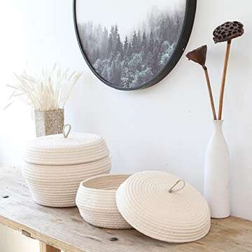 Sea Team Round Cotton Rope Storage Basket with Lid - Decorative Organizer for Home, Office, and More...