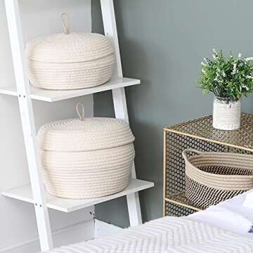 Round Cotton Rope Storage Basket with Lid - 13x9 Inches